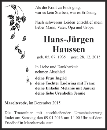 Traueranzeige von Hans-Jürgen Haussen von Thüringer Allgemeine, Thüringische Landeszeitung