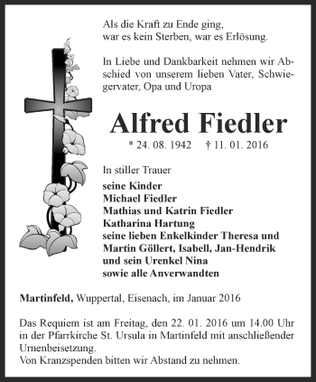 Traueranzeige von Alfred Fiedler von Thüringer Allgemeine