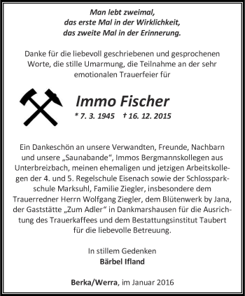 Traueranzeige von Immo Fischer von Thüringer Allgemeine, Thüringische Landeszeitung