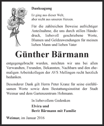 Traueranzeige von Günther Bärmann von Thüringer Allgemeine, Thüringische Landeszeitung