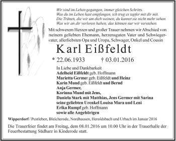 Traueranzeige von Karl Eißfeldt von Thüringer Allgemeine