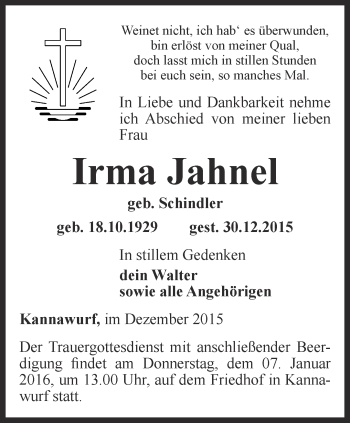 Traueranzeige von Irma Jahnel von Thüringer Allgemeine