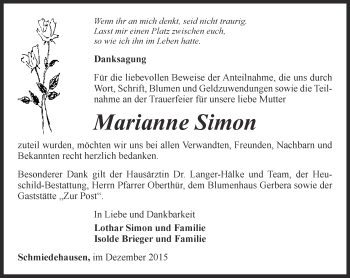 Traueranzeige von Marianne Simon von Thüringer Allgemeine, Thüringische Landeszeitung