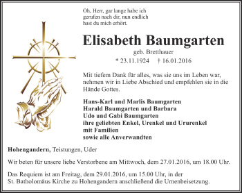 Traueranzeige von Elisabeth Baumgarten von Thüringer Allgemeine