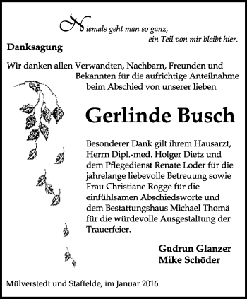 Traueranzeige von Gerlinde Busch von Thüringer Allgemeine, Thüringische Landeszeitung