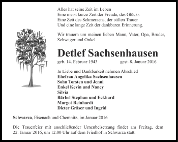 Traueranzeige von Detlef Sachsenhausen von Ostthüringer Zeitung