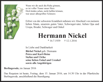 Traueranzeige von Hermann Nickel von Thüringer Allgemeine