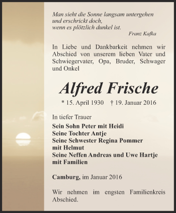 Traueranzeige von Alfred Frische von Ostthüringer Zeitung, Thüringische Landeszeitung