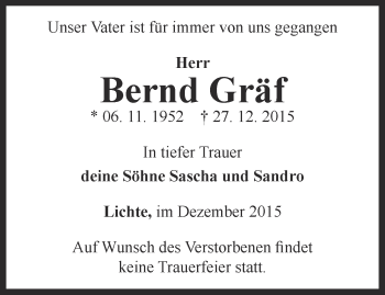 Traueranzeige von Bernd Gräf von Ostthüringer Zeitung