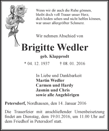 Traueranzeige von Brigitte Wedler von Thüringer Allgemeine