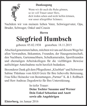 Traueranzeige von Siegfried Humbsch von Ostthüringer Zeitung