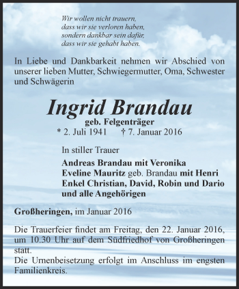 Traueranzeige von Ingrid Brandau von Thüringer Allgemeine, Thüringische Landeszeitung