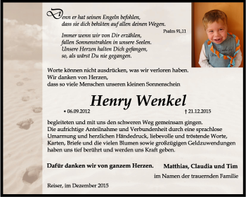 Traueranzeige von Henry Wenkel von Thüringer Allgemeine, Thüringische Landeszeitung