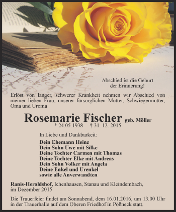 Traueranzeige von Rosemarie Fischer von Ostthüringer Zeitung