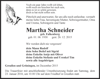 Traueranzeige von Martha Schneider von Thüringer Allgemeine