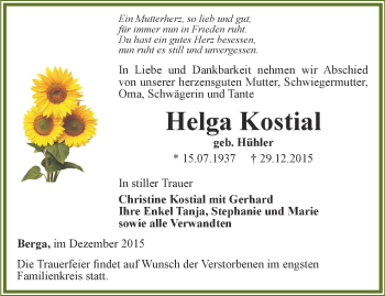 Traueranzeige von Helga Kostial