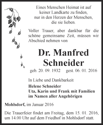 Traueranzeige von Manfred Schneider von Ostthüringer Zeitung