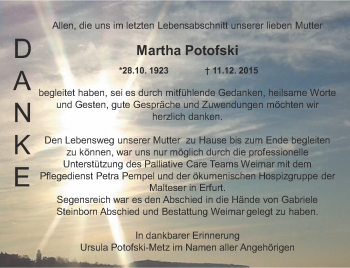 Traueranzeige von Martha Potofski von Thüringer Allgemeine, Thüringische Landeszeitung