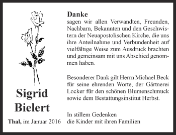 Traueranzeige von Sigrid Bielert von Thüringer Allgemeine, Thüringische Landeszeitung