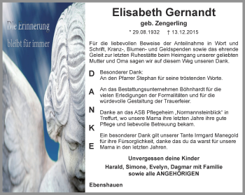 Traueranzeige von Elisabeth Gernandt von Thüringer Allgemeine, Thüringische Landeszeitung