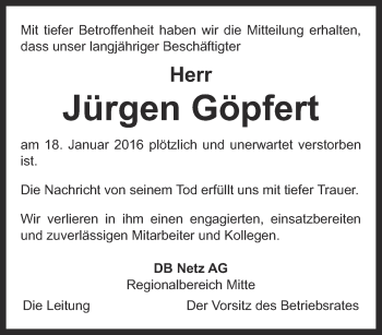 Traueranzeige von Jürgen Göpfert von Thüringer Allgemeine, Thüringische Landeszeitung