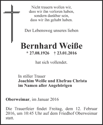 Traueranzeige von Bernhard Weiße von Thüringer Allgemeine, Thüringische Landeszeitung