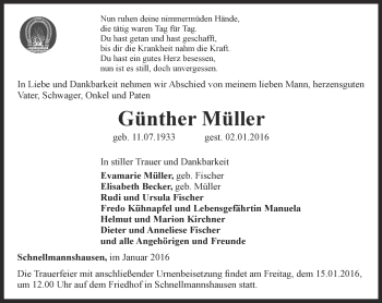 Traueranzeige von Günther Müller von Thüringer Allgemeine, Thüringische Landeszeitung