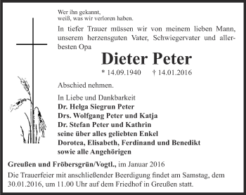 Traueranzeige von Dieter Peter von Thüringer Allgemeine