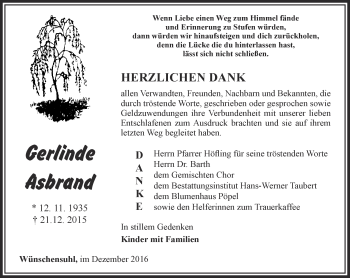 Traueranzeige von Gerlinde Asbrand von Thüringer Allgemeine, Thüringische Landeszeitung