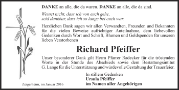 Traueranzeige von Richard Pfeiffer von Ostthüringer Zeitung