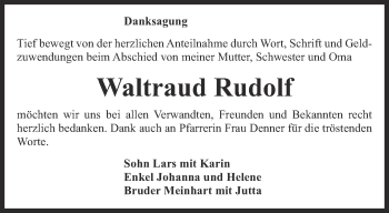 Traueranzeige von Waltraud Rudolf von Ostthüringer Zeitung, Thüringische Landeszeitung