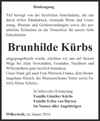 Traueranzeige von Brunhilde Kürbs von Thüringer Allgemeine, Thüringische Landeszeitung