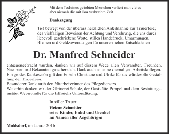 Traueranzeige von Manfred Schneider von Ostthüringer Zeitung