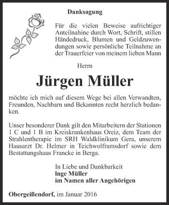 Traueranzeige von Jürgen Müller von Ostthüringer Zeitung