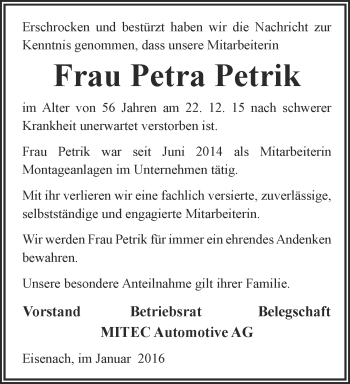 Traueranzeige von Petra Petrik von Thüringer Allgemeine, Thüringische Landeszeitung