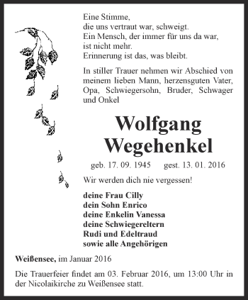 Traueranzeige von Wolfgang Wegehenkel von Thüringer Allgemeine