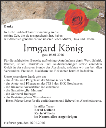 Traueranzeige von Irmgard König von Thüringer Allgemeine