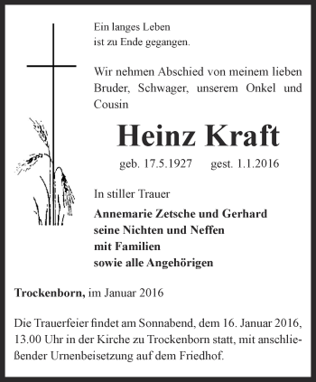 Traueranzeige von Heinz Kraft von Ostthüringer Zeitung