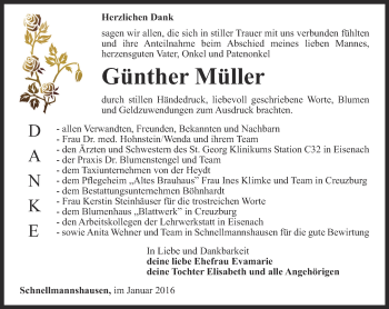 Traueranzeige von Günther Müller von Thüringer Allgemeine, Thüringische Landeszeitung