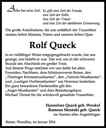 Traueranzeige von Rolf Queck von Thüringer Allgemeine, Thüringische Landeszeitung