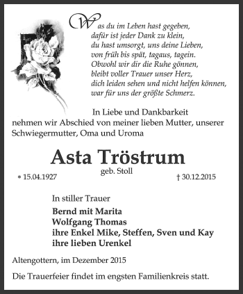 Traueranzeige von Asta Tröstrum von Thüringer Allgemeine, Thüringische Landeszeitung