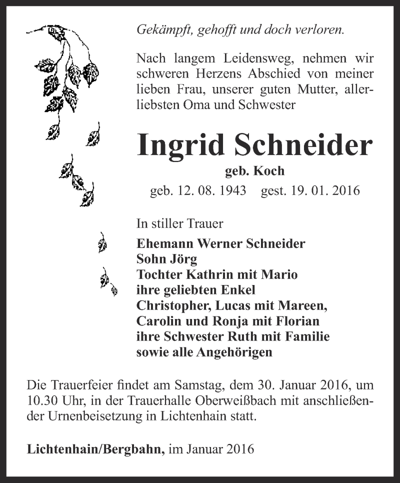 Traueranzeigen Von Ingrid Schneider Trauer In Thueringen De