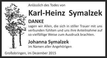 Traueranzeige von Karl-Heinz Symalzek von Thüringer Allgemeine, Thüringische Landeszeitung