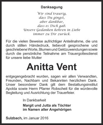 Traueranzeige von Anitta Vent von Thüringer Allgemeine, Thüringische Landeszeitung