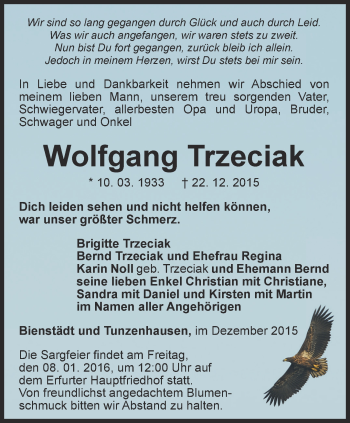 Traueranzeige von Wolfgang Trzeciak von Thüringer Allgemeine, Thüringische Landeszeitung