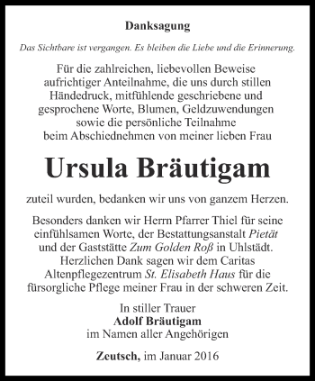 Traueranzeige von Ursula Bräutigam von Ostthüringer Zeitung