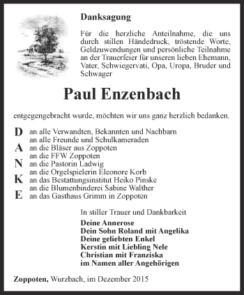 Traueranzeige von Paul Enzenbach von Ostthüringer Zeitung