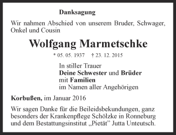 Traueranzeige von Wolfgang Marmetschke von Ostthüringer Zeitung