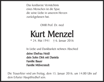 Traueranzeige von Kurt Menzel von Thüringer Allgemeine, Thüringische Landeszeitung