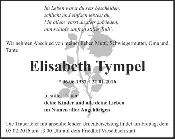 Traueranzeige von Elisabeth Tympel von Thüringer Allgemeine, Thüringische Landeszeitung